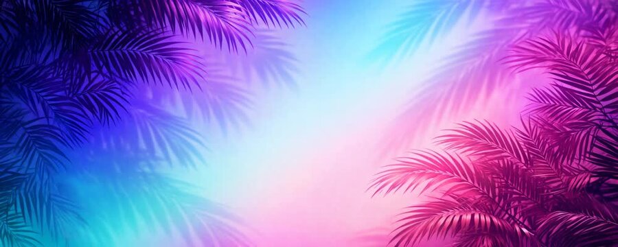 Colorful tropical palm shadows on vibrant gradient background, modern summer banner design, wide seamless loop animation, copy space template.