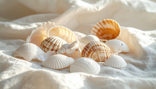 Assortment of Natural Seashells Arranged on Soft Fabric