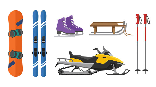 vector A comprehensive collection of various winter sports equipment and gear is displayed on a white background.