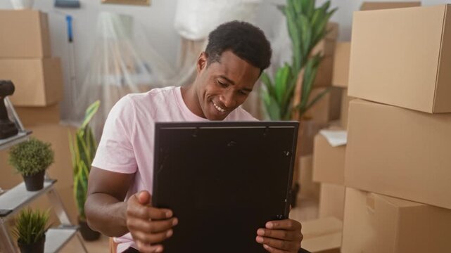 Man holding picture frame, smiling while unpacking boxes in an apartment building; nostalgia memory settling.