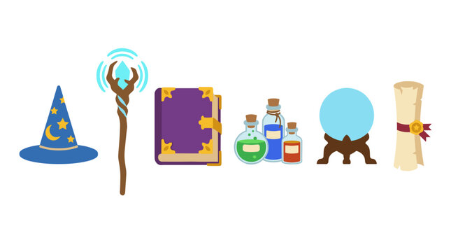 vector A mystical assortment of wizard and magic-themed items, featuring a hat, staff, spellbook, potions, and crystal ball.