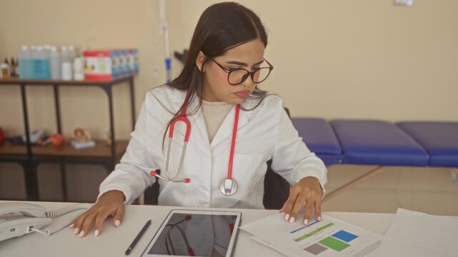 Woman doctor in white coat with stethoscope writing on tablet and sorting papers in building; professional care concentration.