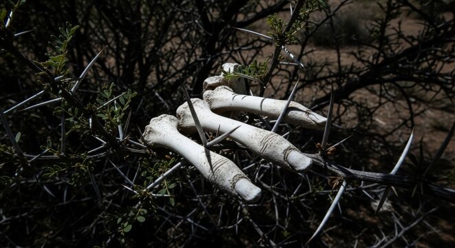 Human finger bones scattered in thorny bush