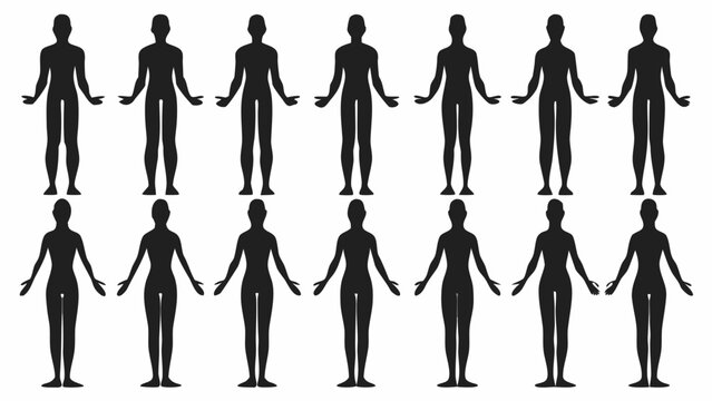 A diverse assembly of sixteen generic human silhouettes standing upright with arms relaxed at their sides, representing a wide range of male and female body types and the general human form.