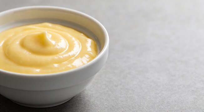 Closeup of creamy and delicious lemon curd in a bowl on a grey table.