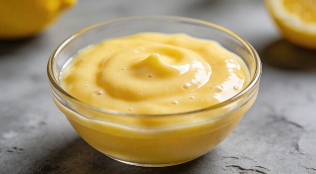 Closeup shot of rich lemon curd in a bowl on a grey table surface.