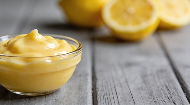 Delicious lemon curd in bowl on grey table, closeup