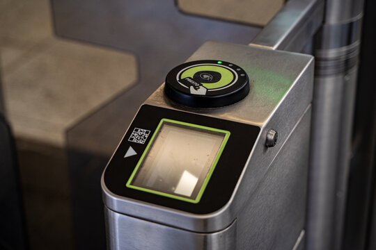 Close up of TTC subway fare gates with card reader. Toronto, Canada - April 22, 2026.