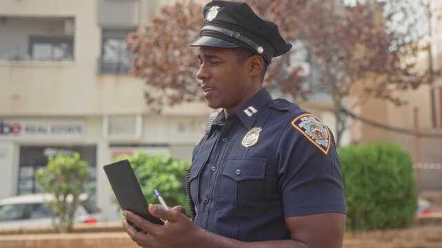 Man police officer in uniform holding notebook and pen, looking down and writing notes on a street near a building storefront; duty.
