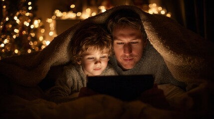 Fototapeta premium Cozy Moment of Connection: A father and child share an intimate moment, huddled beneath a warm blanket, illuminated by the soft glow of a screen and twinkling lights.
