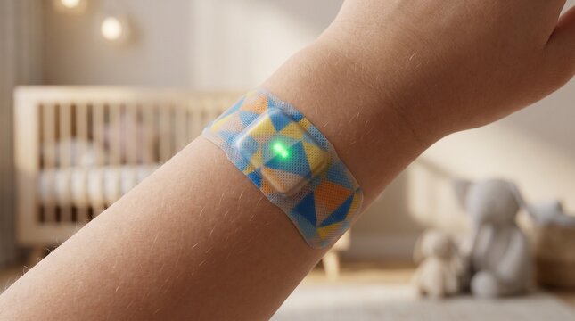 Close up of a colorful wearable smart biosensor patch on a child's arm for futuristic medical health monitoring in a nursery