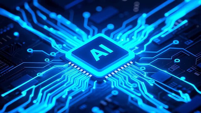 Glowing blue AI chip with circuit patterns