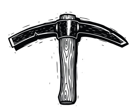 Vector illustration of an old-fashioned pickaxe tool with wooden handle.