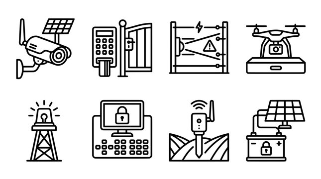 Security system icons set camera gate drone alarm computer sensor