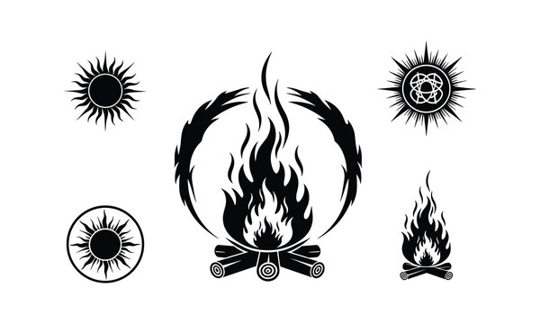 Campfire bonfire silhouette vector illustration set with logs and decorative sun elements.