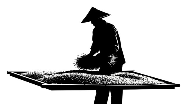 Man in conical hat sorting rice.