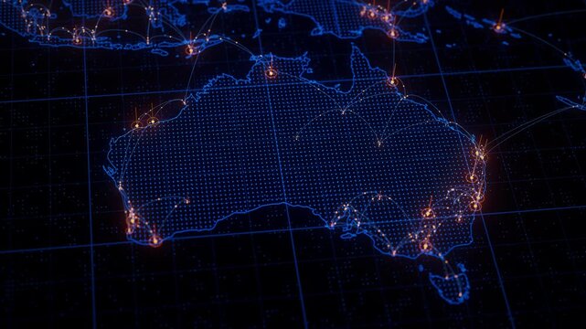 Australia map big data visualization. Futuristic digital map infographic of Australia region. Visual global trade data complexity routes in modern blue and orange colors.