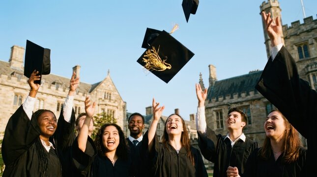 Graduates celebrating with caps tossing in front of historic university building