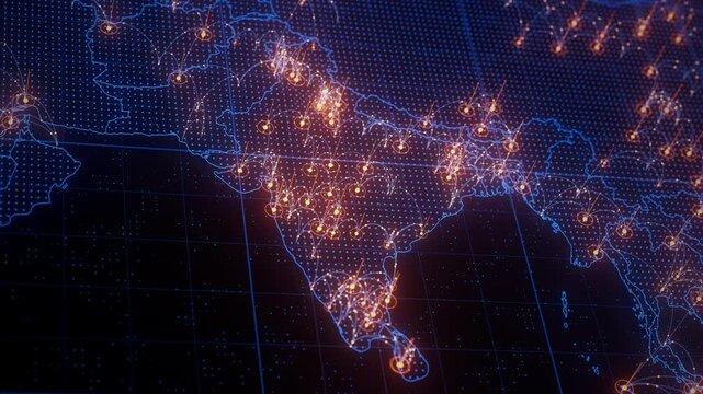 India map big data visualization. Futuristic digital map infographic of Asia. Visual global trade data complexity routes in modern blue and orange colors.