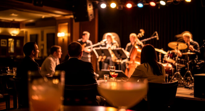 Audience enjoying a live jazz band performance in a dimly lit, intimate club with drinks on tables, creating a relaxed mood.