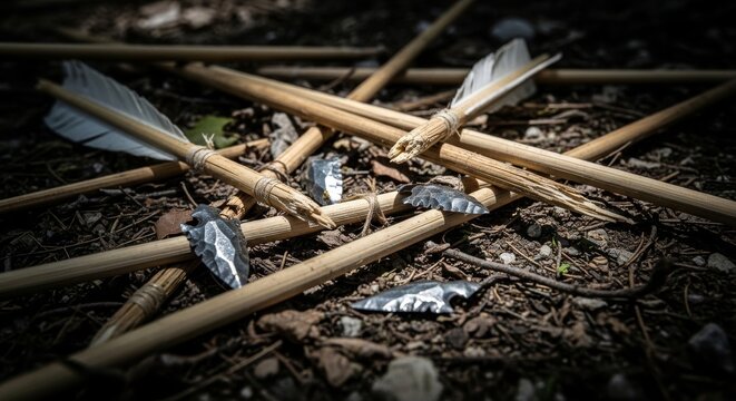 Scattered Ancient Arrowheads and Wooden Shafts on Forest Floor