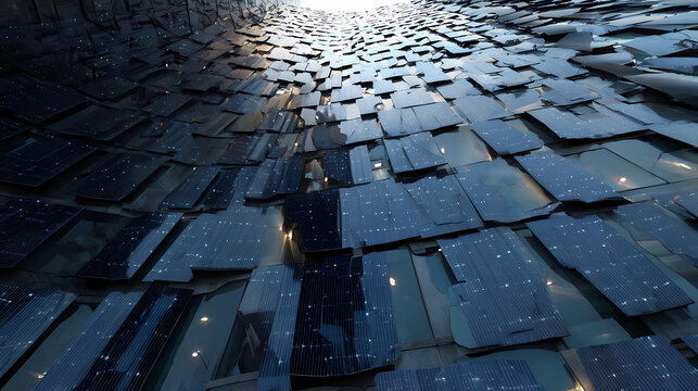Futuristic eco-friendly building in city environment with integrated photovoltaic panels, Generative AI illustrations.