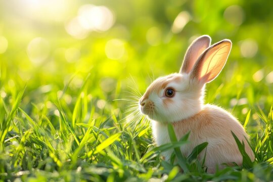 Cute bunny sits in grass with ears up and looks away on a sunny day in a meadow