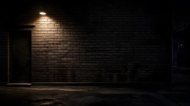 Night time brick wall background dark alley texture. Dramatic vibe with spotlight on empty building real backdrop. Bricks constructed in running bond pattern.