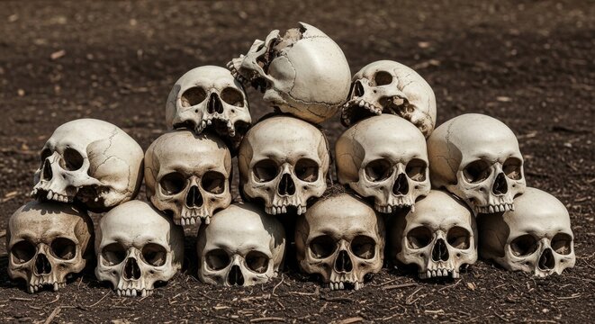 Pile of Human Skulls on Dark Ground