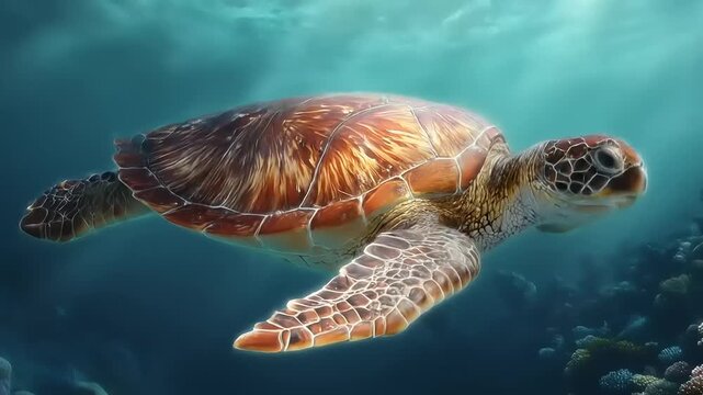 Underwater sea turtle swimming in ocean marine wildlife concept