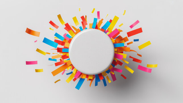 A blank white circular badge is surrounded by colorful exploding confetti in this celebratory graphic design element.