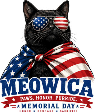 Meowica Black Cat Patriotic Memorial Day USA Flag Design