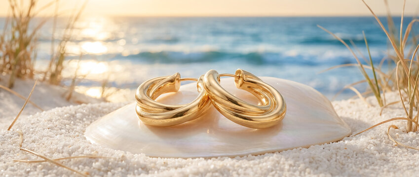 summer luxury gold bracelets seashell beach closeup jewelry accessory with ocean sunset and sand suggesting coastal elegance romance vacation style wealth and premium resort mood detail