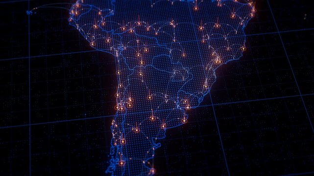 South America map big data visualization. Futuristic digital map infographic of South America region. Visual global trade data complexity routes in modern blue and orange colors.