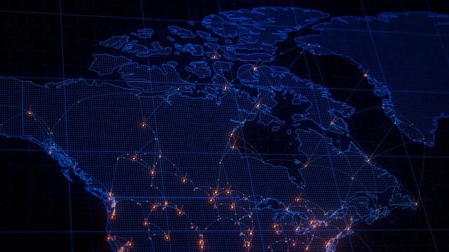 Canada map big data visualization. Futuristic digital map infographic of North America region. Visual global trade data complexity routes in modern blue and orange colors.