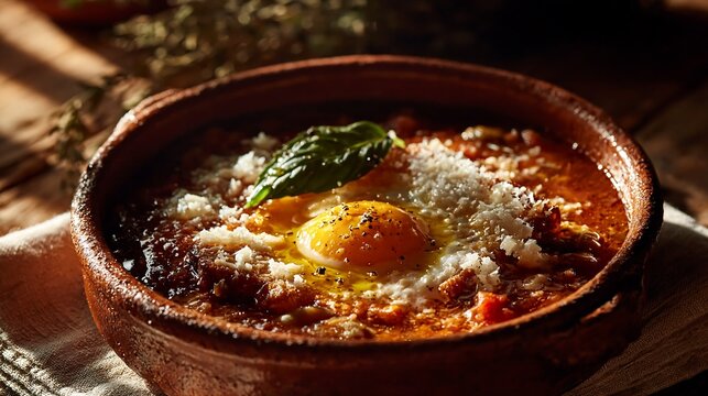Rustic acquacotta soup with poached egg and cheese in golden light