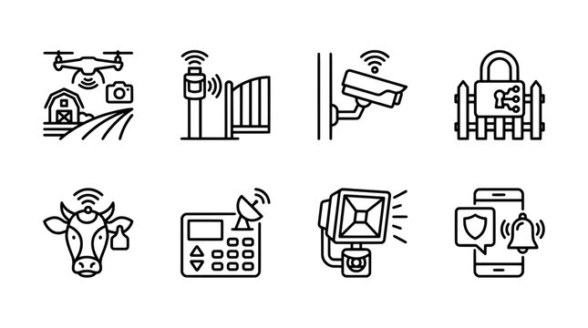 Smart farm security system drone cctv access control icons