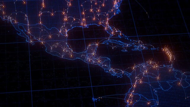 Central America map big data visualization. Futuristic digital map infographic of Middle America region. Visual global trade data complexity routes in modern blue and orange colors.