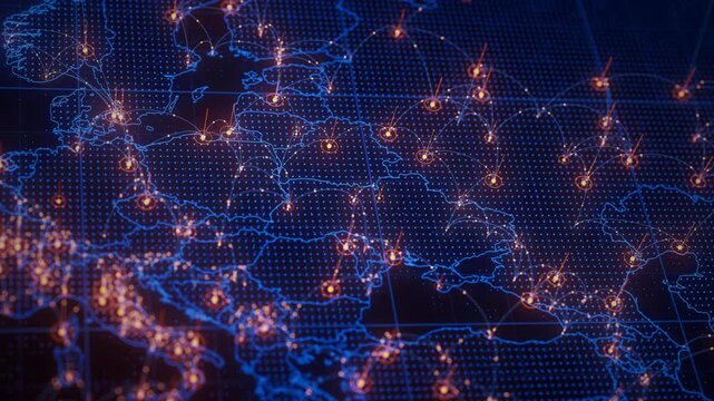 Eastern Europe map big data visualization. Futuristic digital map infographic of region. Visual global trade data complexity routes in modern blue and orange colors.