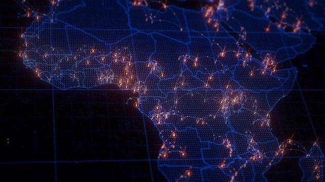 Central Africa map big data visualization. Futuristic digital map infographic of Africa region. Visual global trade data complexity routes in modern blue and orange colors.