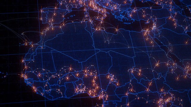 North Africa map big data visualization. Futuristic digital map infographic of Africa region. Visual global trade data complexity routes in modern blue and orange colors.