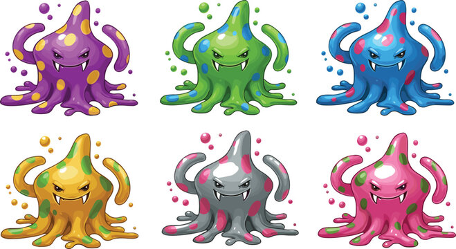 Cute cartoon slime monsters set with colorful goo creatures illustrating fantasy characters, playful design, game assets, and fun vector illustration collection
