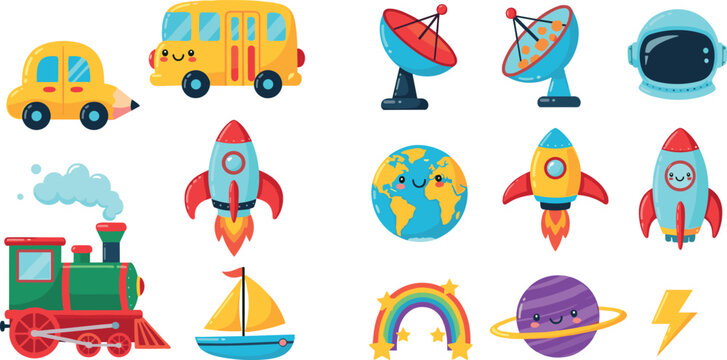 Cute Cartoon Transportation and Space Icons Including Cars, Rockets, Satellites, and Planets for Fun, Adventure, and Exploration Design Projects