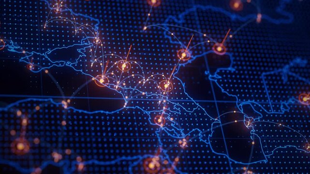Armenia and Georgia map big data visualization. Futuristic digital map infographic of Caucasus region. Visual global trade data complexity routes in modern blue and orange colors.