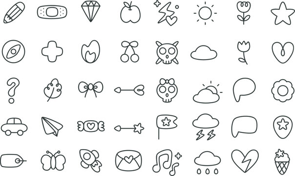 Hand drawn vector alphabet set featuring a sketch doodle collection of coffee icons and cake food elements with a cartoon heart design illustration