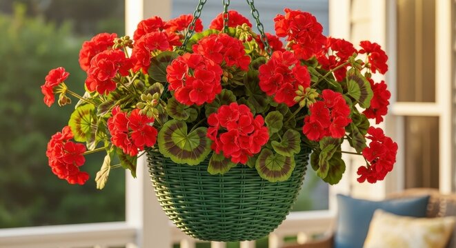 Vibrant red geraniums in hanging basket on sunlit porch