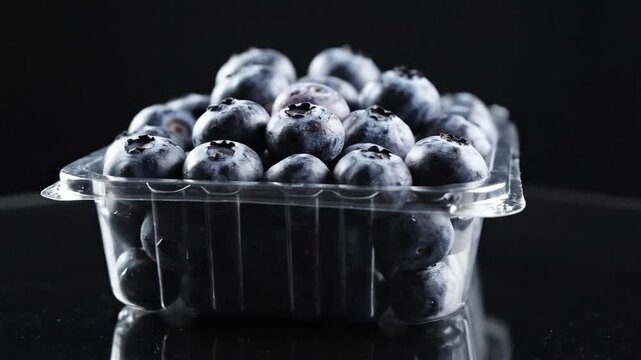 Fresh Blueberries in a Clear Plastic Container on a Reflective Surface.