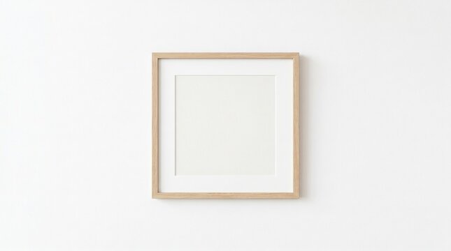 Clean and empty wooden picture frame, ready to display a creative concept. Blank white mat and natural wood finish, perfectly mounted on a pristine white wall, offering a minimalist backdrop
