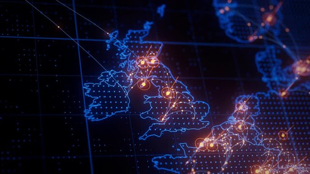 Great Britain map big data visualization. Futuristic digital map infographic of United Kingdom region. Visual global trade data complexity routes in modern blue and orange colors.