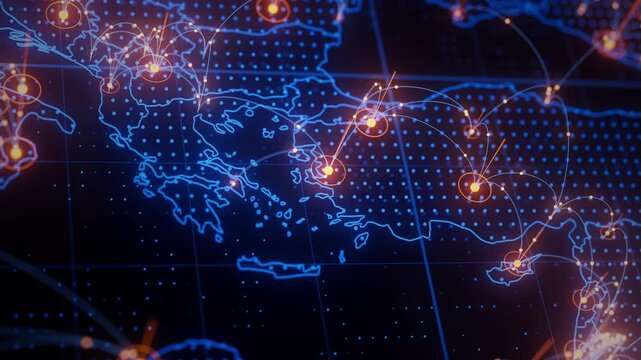 Greece map big data visualization. Futuristic digital map infographic of southeastern Europe region. Visual global trade data complexity routes in modern blue and orange colors.